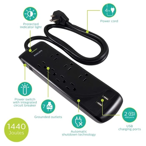 Philips 7-Outlet 2-USB 4ft. Surge Protector - Black - Picture 3 of 11